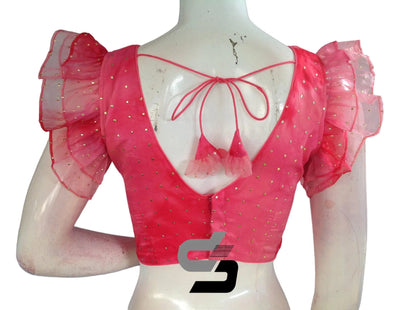 Pink Paradise, Tie Dye Designer V Neck Georgette Saree Blouse with Ruffle Sleeves - D3blouses