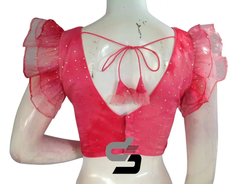 Pink Paradise, Tie Dye Designer V Neck Georgette Saree Blouse with Ruffle Sleeves - D3blouses