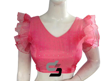 Pink Paradise, Tie Dye Designer V Neck Georgette Saree Blouse with Ruffle Sleeves - D3blouses