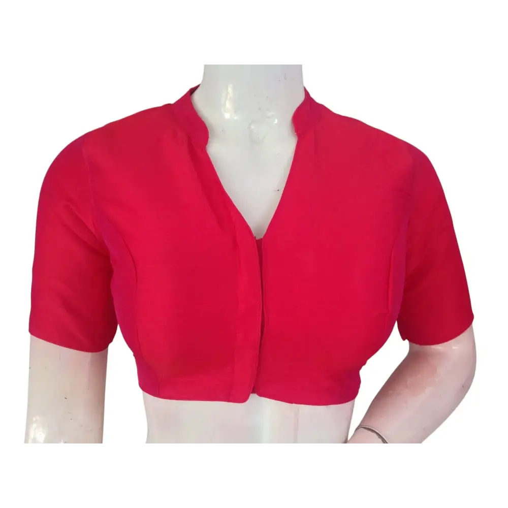 Pink Semi Raw Silk Saree Blouse – Collar Neck, Stitched & Ready to Wear with Cotton Lining - D3blouses