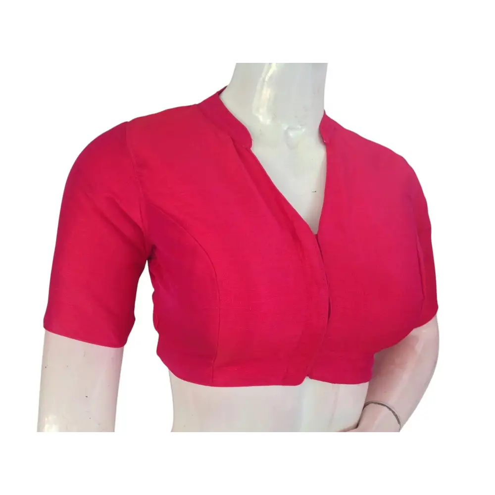 Pink Semi Raw Silk Saree Blouse – Collar Neck, Stitched & Ready to Wear with Cotton Lining - D3blouses