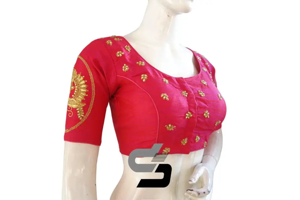 Pink Silk High Neck Embroidered Saree Blouses - Elegant Design - D3blouses