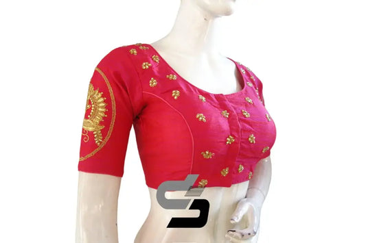 Pink Silk High Neck Embroidered Saree Blouses - Elegant Design - D3blouses
