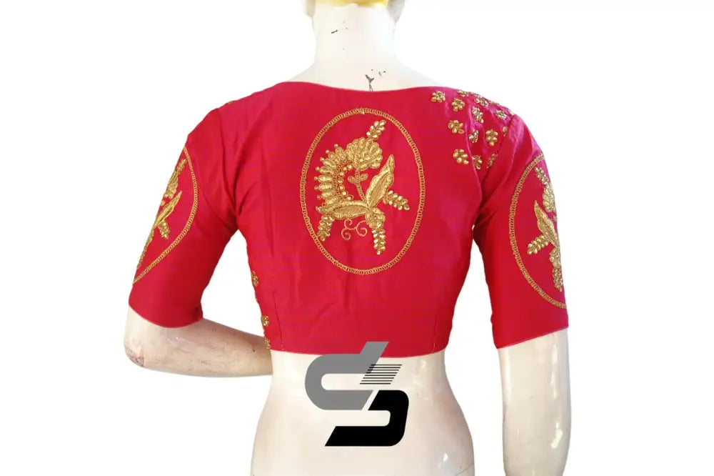 Pink Silk High Neck Embroidered Saree Blouses - Elegant Design - D3blouses