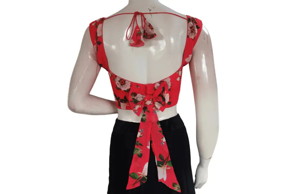 Pinkish Orange Color Designer Organza Sleeveless Readymade Saree Blouse With Tassels - D3blouses