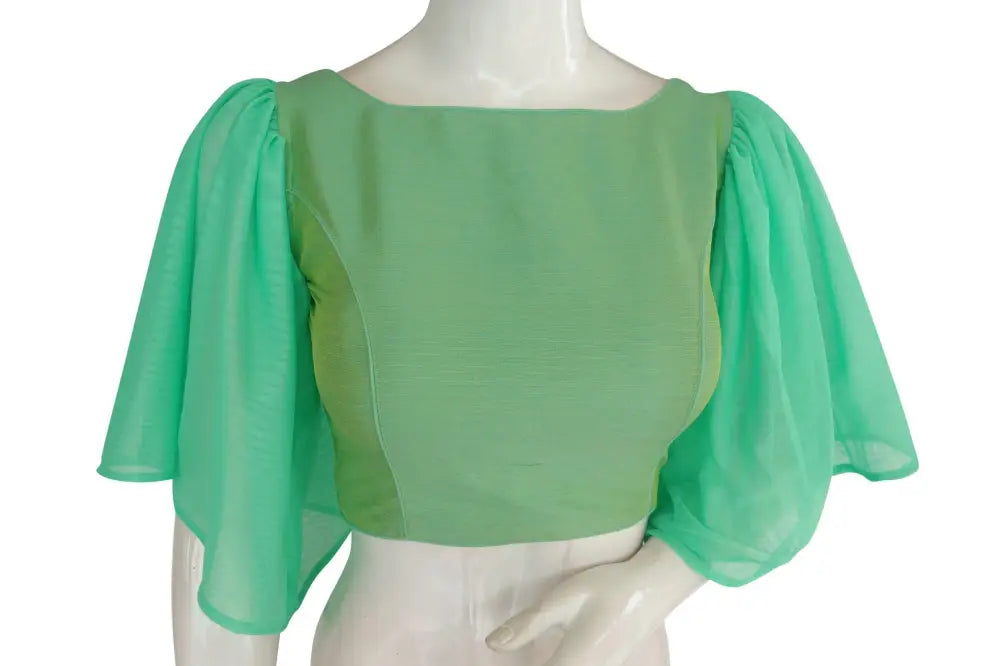 Pistachio Perfection, Plain Silk Designer Ruffle Sleeve Readymade Blouse - D3blouses