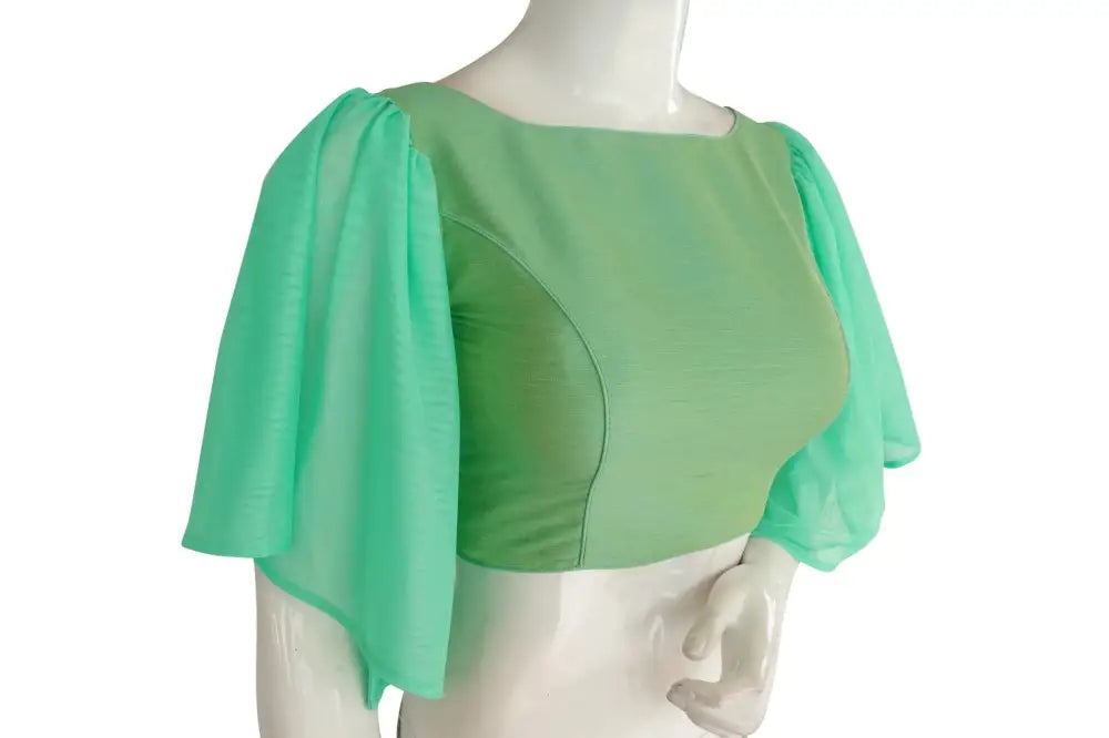 Pistachio Perfection, Plain Silk Designer Ruffle Sleeve Readymade Blouse - D3blouses