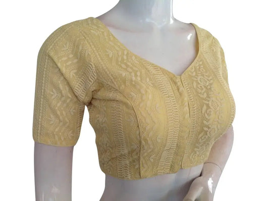Pastel Yellow Chikankari Embroidery Indian saree Readymade blouse - D3blouses