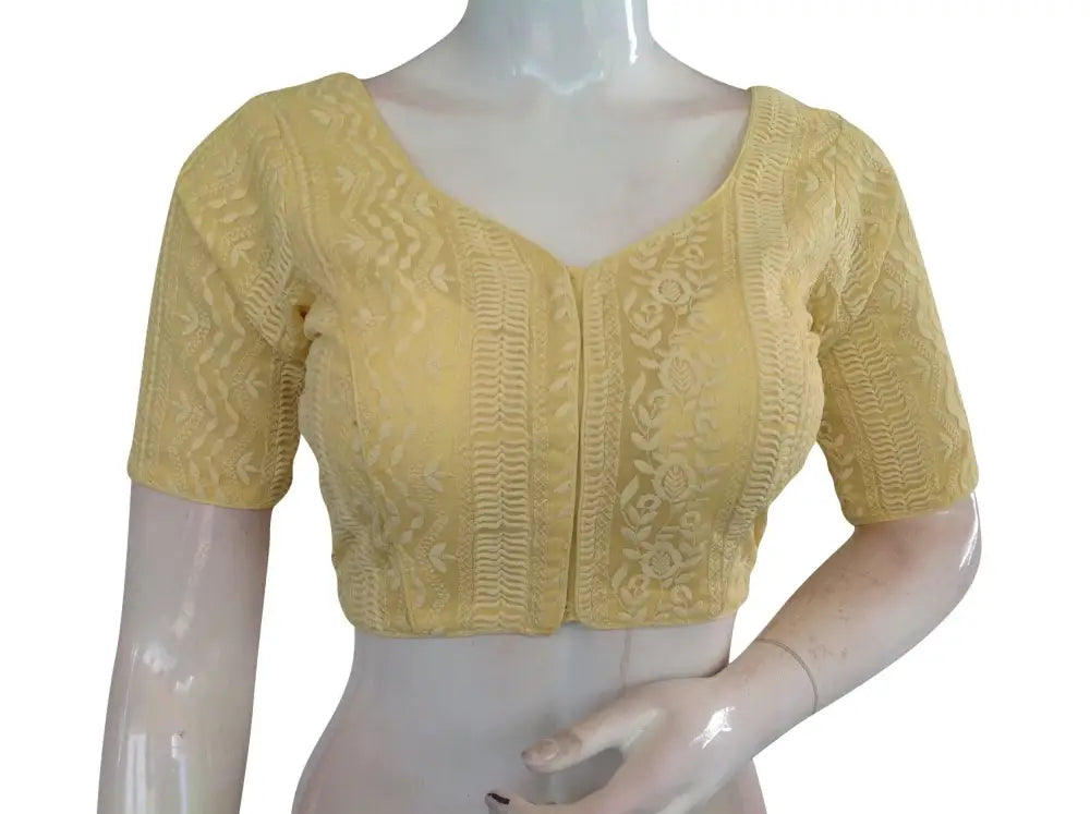 Pastel Yellow Chikankari Embroidery Indian saree Readymade blouse - D3blouses