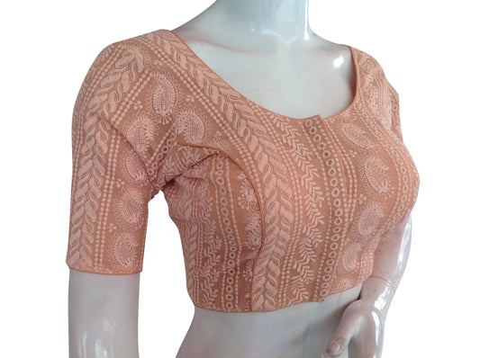 Plus Size Peach Color Chikankari Embroidery Readymade Blouse - D3blouses