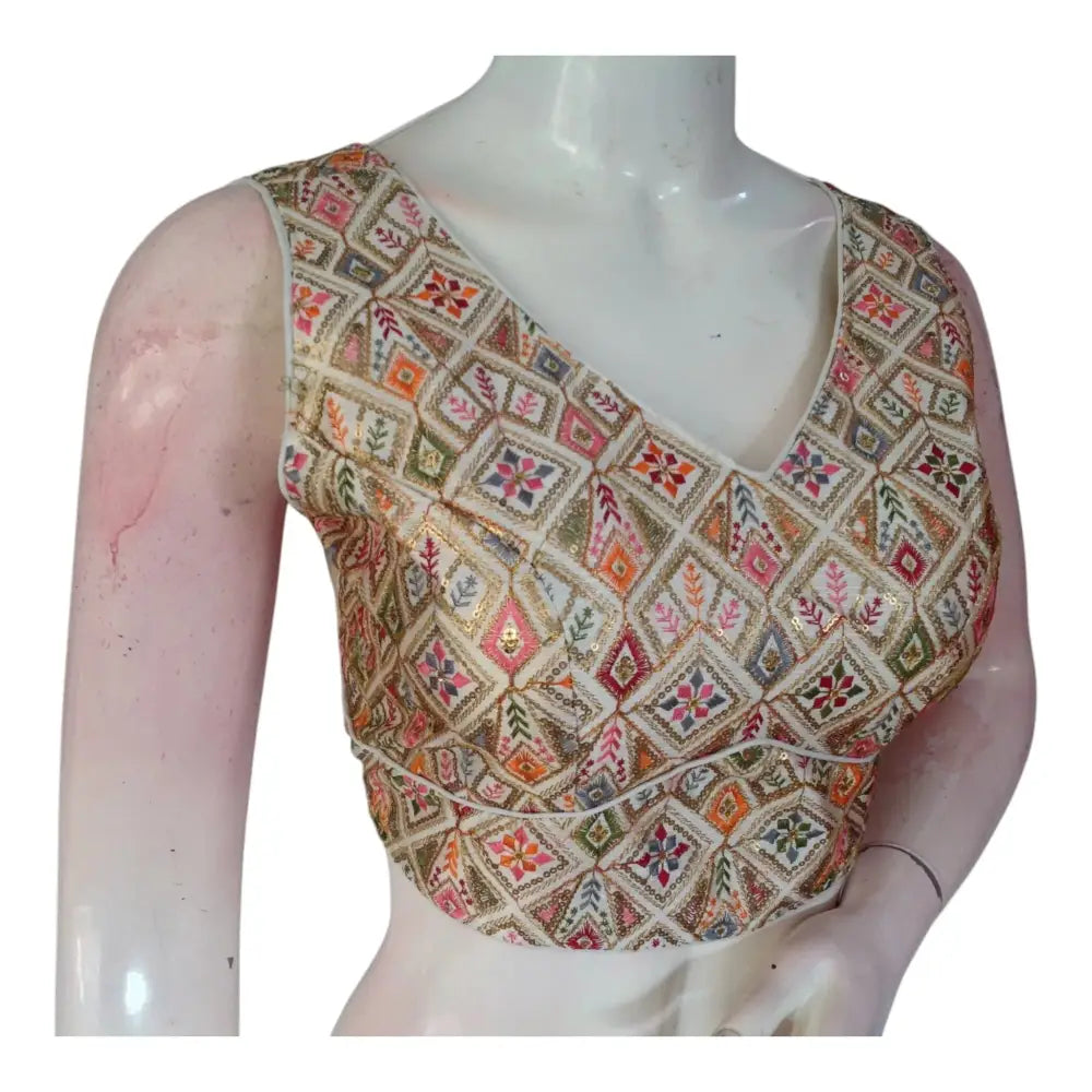 Premium Semi-Silk Off-White Color Readymade Blouse, Floral Embroidered - D3blouses