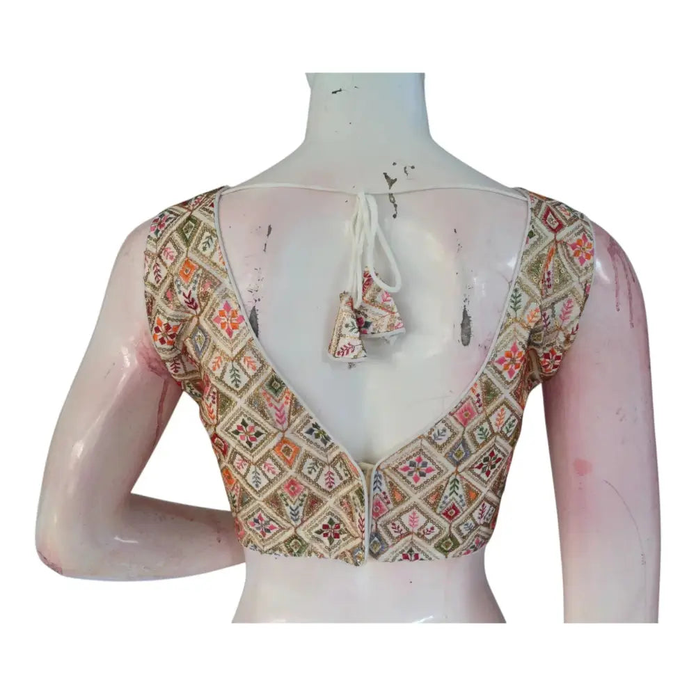 Premium Semi-Silk Off-White Color Readymade Blouse, Floral Embroidered - D3blouses