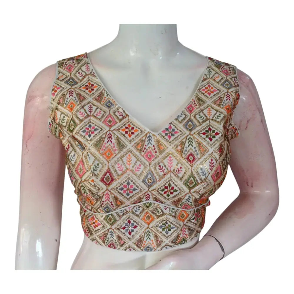 Premium Semi-Silk Off-White Color Readymade Blouse, Floral Embroidered - D3blouses