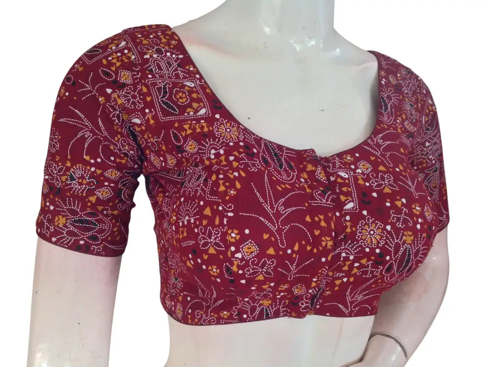 Printed Cotton Readymade Blouse - Multi-Color (Princess Cut) |Indian Saree Choli top Readymade Blouse - Maroon / 34