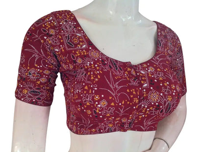 Printed Cotton Readymade Blouse - Multi-Color (Princess Cut) |Indian Saree Choli top Readymade Blouse - Maroon / 34