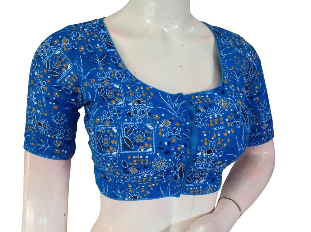 Printed Cotton Readymade Blouse - Multi-Color (Princess Cut) |Indian Saree Choli top Readymade Blouse - Blue / 34