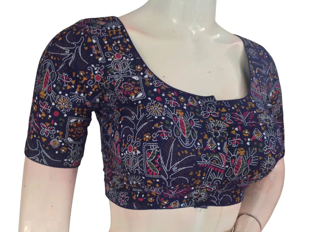 Printed Cotton Readymade Blouse - Multi-Color (Princess Cut) |Indian Saree Choli top Readymade Blouse - Navy Blue / 34