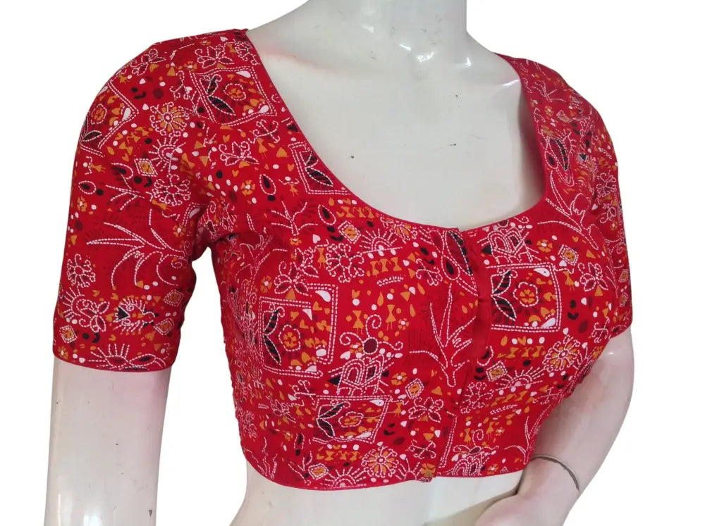 Printed Cotton Readymade Blouse - Multi-Color (Princess Cut) |Indian Saree Choli top Readymade Blouse - Red / 34