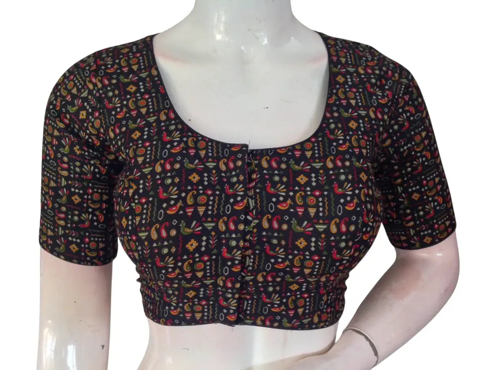 Printed Cotton Readymade Saree Blouse -8 Color Options (Princess Cut)|Choli top Readymade Blouse - Black 2 / 36