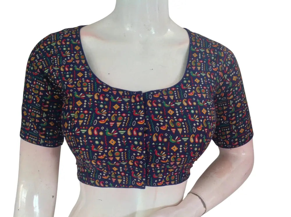 Printed Cotton Readymade Saree Blouse -8 Color Options (Princess Cut)|Choli top Readymade Blouse - Navy Blue 2 / 36