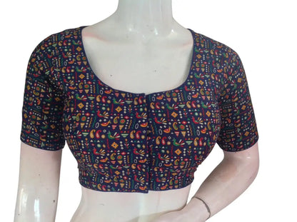 Printed Cotton Readymade Saree Blouse -8 Color Options (Princess Cut)|Choli top Readymade Blouse - Navy Blue 2 / 36