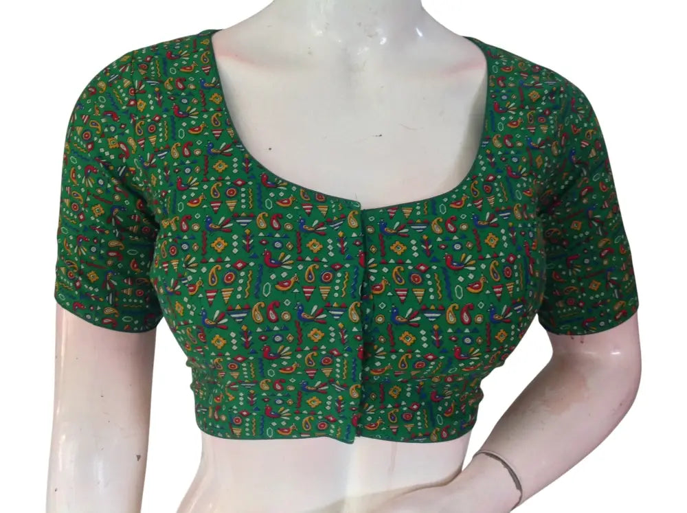 Printed Cotton Readymade Saree Blouse -8 Color Options (Princess Cut)|Choli top Readymade Blouse - Green / 36
