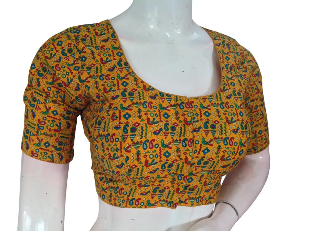 Printed Cotton Readymade Saree Blouse -8 Color Options (Princess Cut)|Choli top Readymade Blouse - Mustard / 36