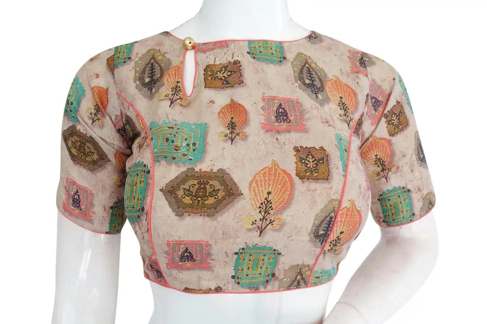 Printed Silk Boat neck Designer Readymade Blouse - D3blouses