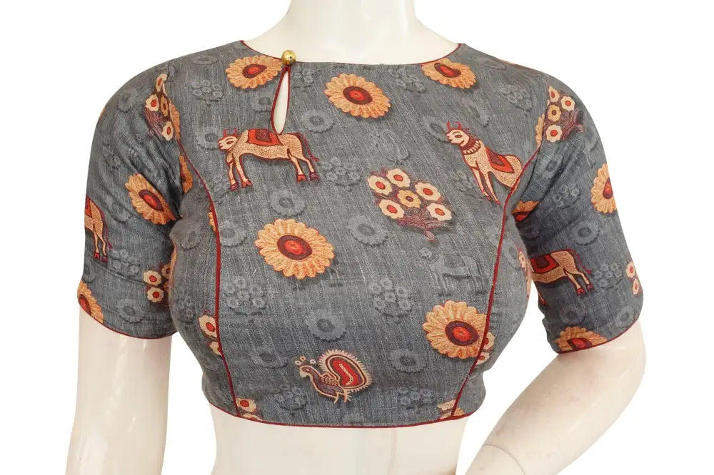 Printed Silk Boat neck Designer Readymade Blouse - D3blouses