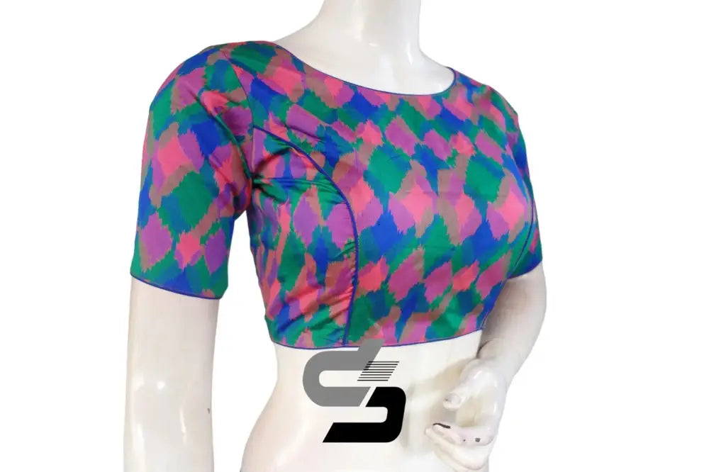 Printed Silk Multi Color Boat Neck Designer Readymade Blouse - D3blouses