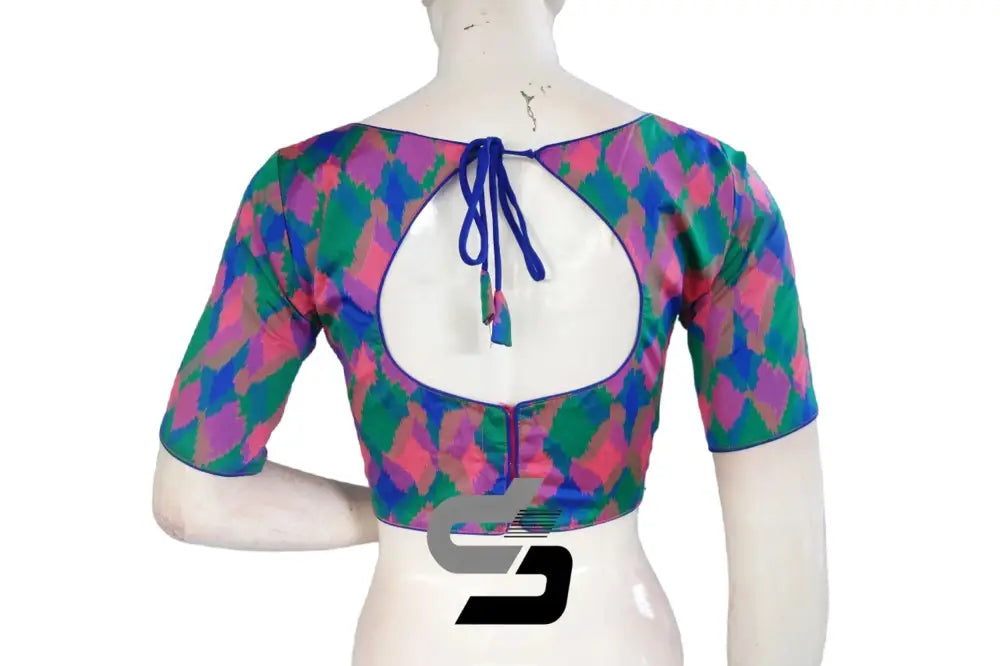 Printed Silk Multi Color Boat Neck Designer Readymade Blouse - D3blouses