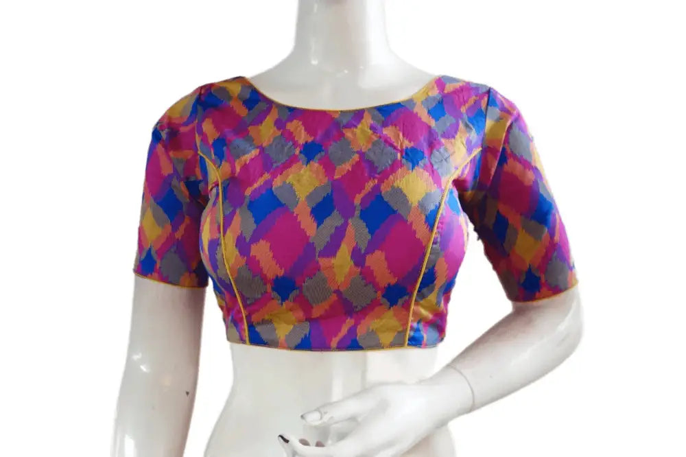 Printed Silk Multi Color Boat neck Designer Readymade Blouse - D3blouses