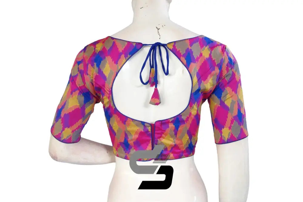 Printed Silk Multi Color Boat Neck Designer Readymade Blouse - D3blouses