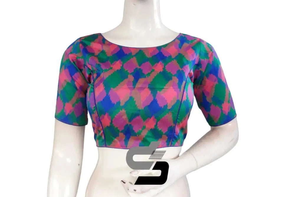 Printed Silk Multi Color Boat Neck Designer Readymade Blouse - D3blouses