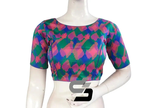 Printed Silk Multi Color Boat Neck Designer Readymade Blouse - D3blouses