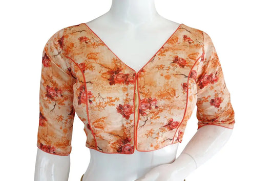 Printed Silk V-neck Designer Readymade Blouse - D3blouses