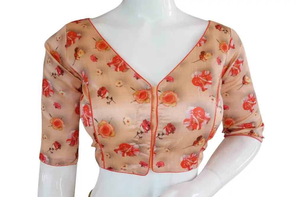 Printed Silk V-neck Designer Readymade Blouse - D3blouses