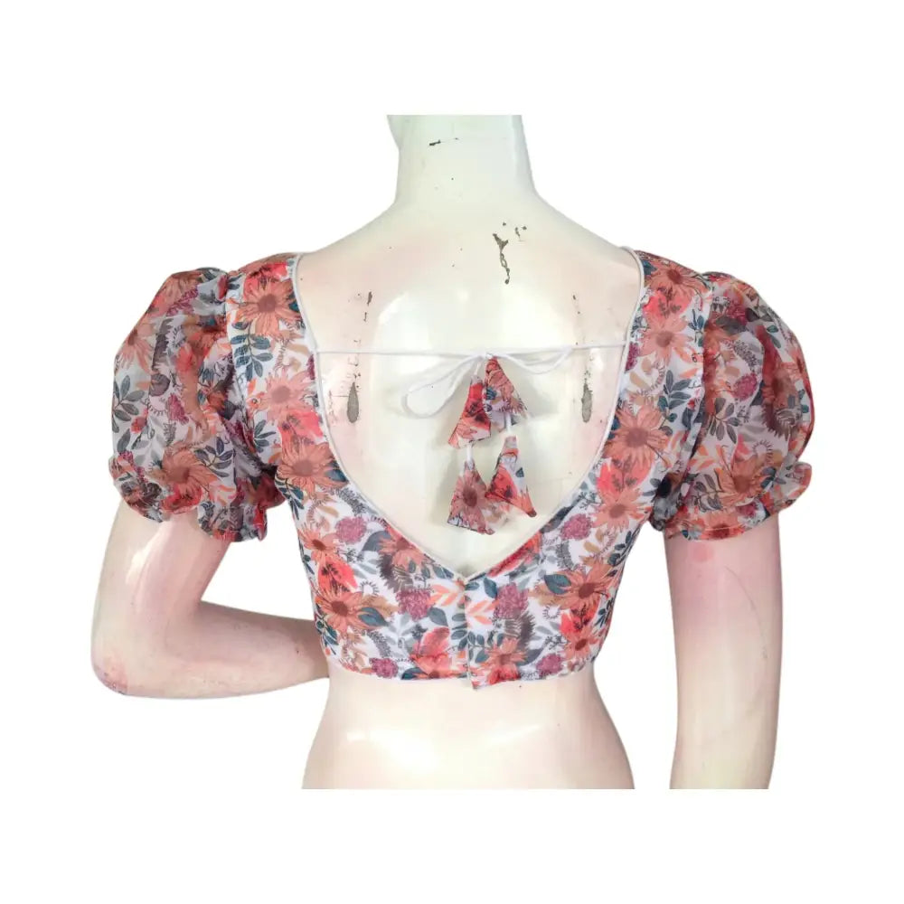 Pure Elegance: White Color Organza Puff Sleeve Readymade Blouse - D3blouses