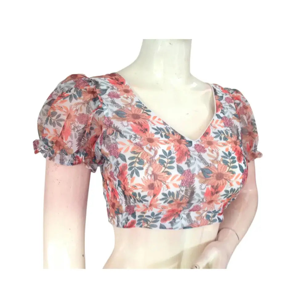 Pure Elegance: White Color Organza Puff Sleeve Readymade Blouse - D3blouses