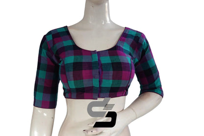 Purple Color 3/4 th Cotton Checks Readymade saree blouse , Indian Cotton Readymade blouse - D3blouses