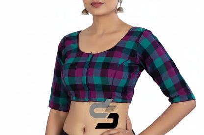 Front view of purple color 3/4th sleeve cotton checks readymade saree blouse with princess cut fit.