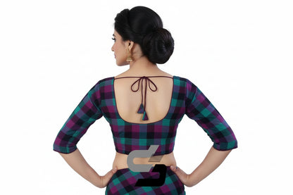 Back view of padded purple checks readymade blouse showing deep neck and back hook opening.