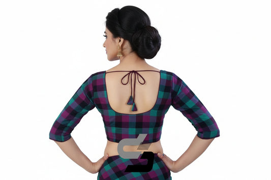 Back view of padded purple checks readymade blouse showing deep neck and back hook opening.