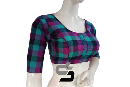 Purple Color 3/4 th Cotton Checks Readymade saree blouse , Indian Cotton Readymade blouse - D3blouses