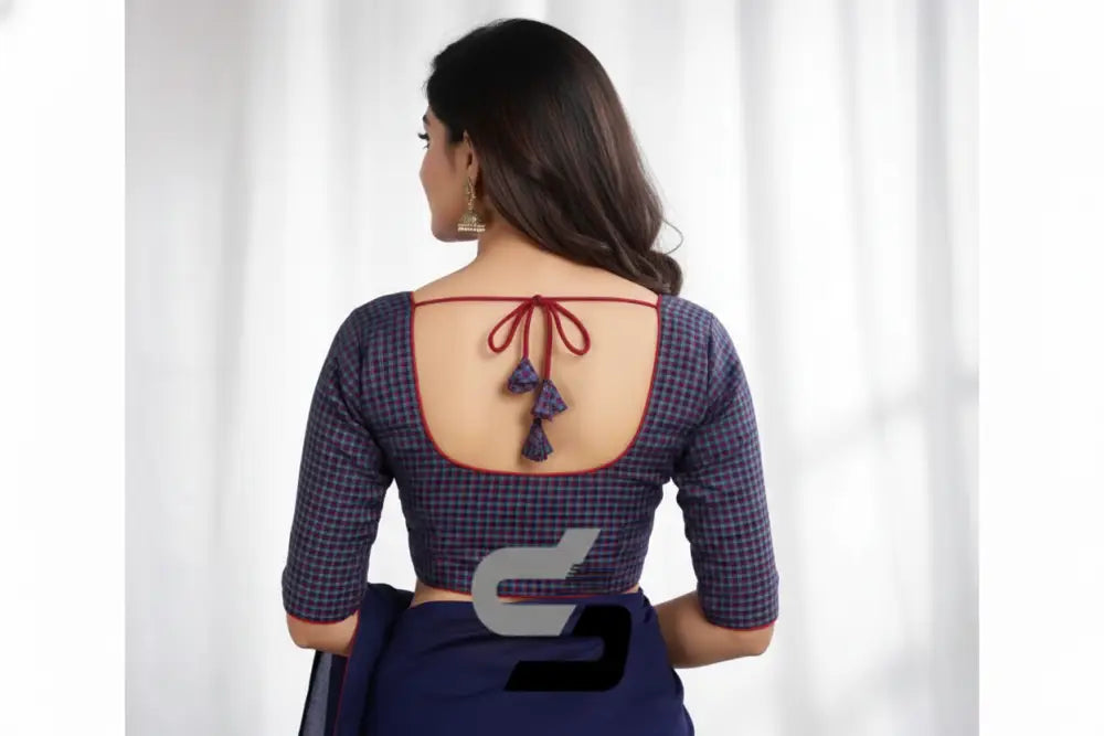 Purple Color 3/4th Sleeve Cotton Checks Readymade Saree Blouse (Princess Cut)