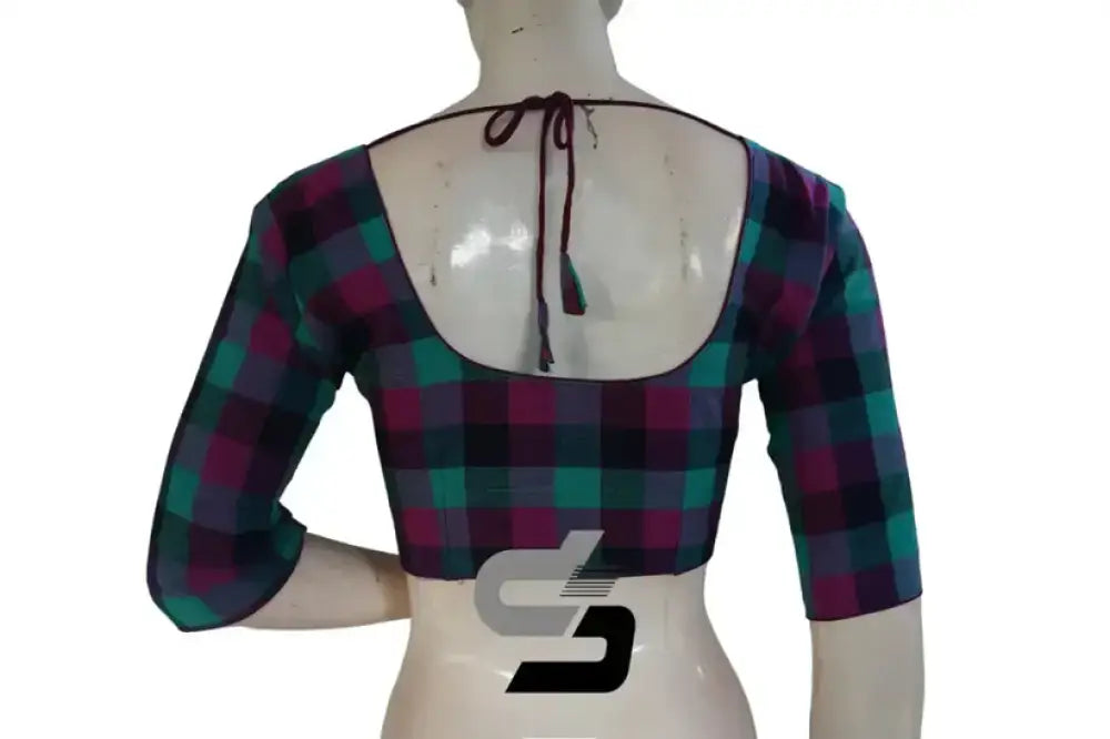 Purple Color 3/4th Sleeve Cotton Checks Readymade Saree Blouse (Princess Cut)