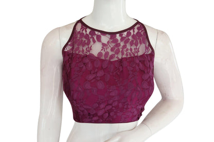 Purple Color Designer Floral Embossed Net Sleeveless Readymade saree blouse, Indian saree Readymade blouse - D3blouses