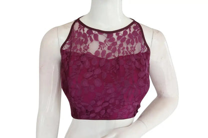 Purple Color Designer Floral Embossed Net Sleeveless Readymade saree blouse, Indian saree Readymade blouse - D3blouses