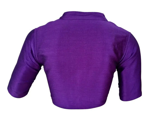 Purple Semi Raw Silk Saree Blouse – Collar Neck, Stitched & Ready to Wear with Cotton Lining - D3blouses