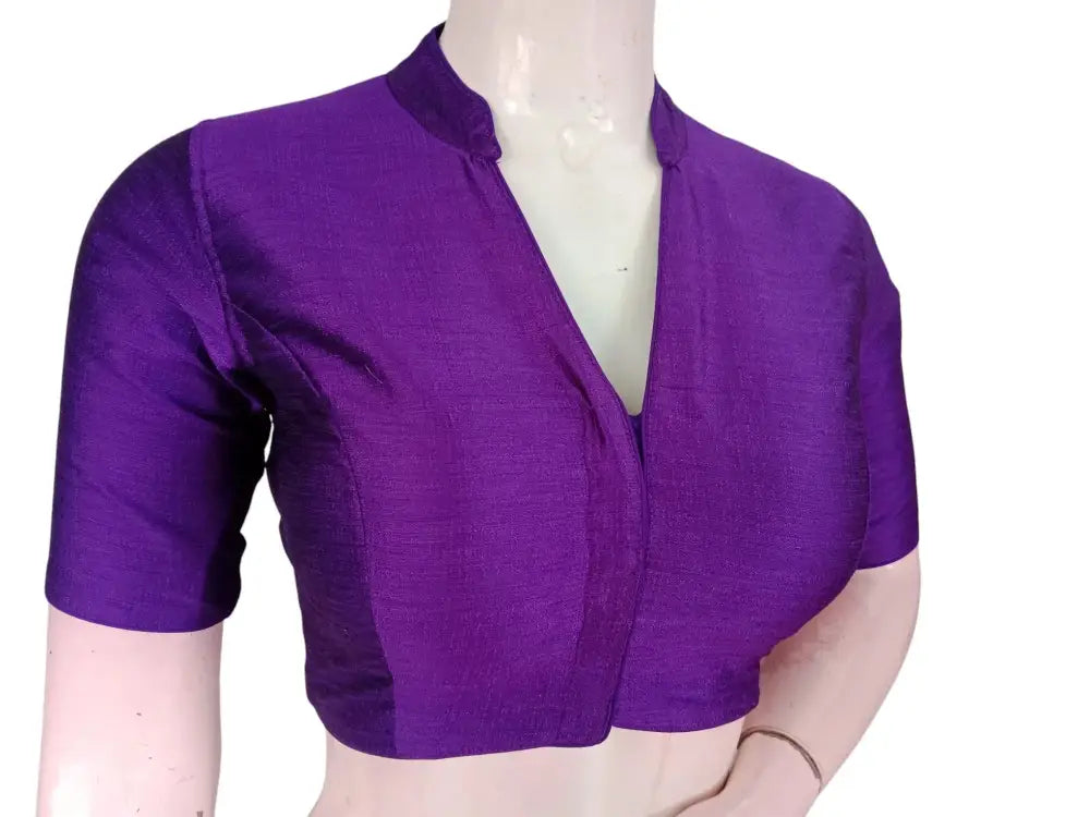 Purple Semi Raw Silk Saree Blouse – Collar Neck, Stitched & Ready to Wear with Cotton Lining - D3blouses